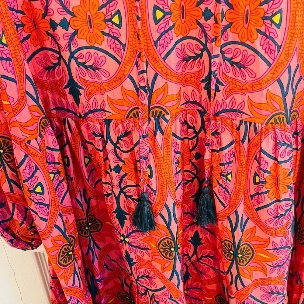 KING + PITT Pink Orange Floral Boho Tiered Dress Size Large - Picture 5 of 14